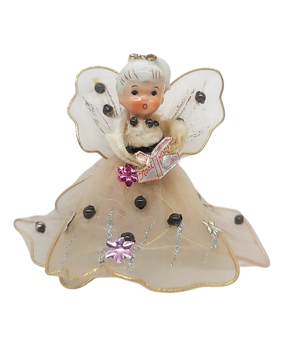 RARE Vtg 1950s Holt Howard Porcelain Head Angel Ornament Tulle Wings Caroler